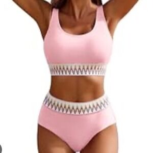 Aimage Pink High Waist‎ Bikini Set Two Piece Swimsuit Cute Swimwear Size M
